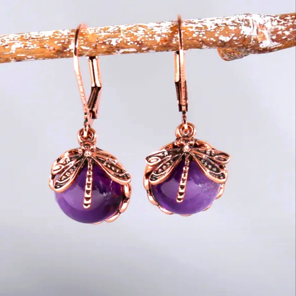 Nwt! Beautiful bronze and purple stone dragonfly earrings